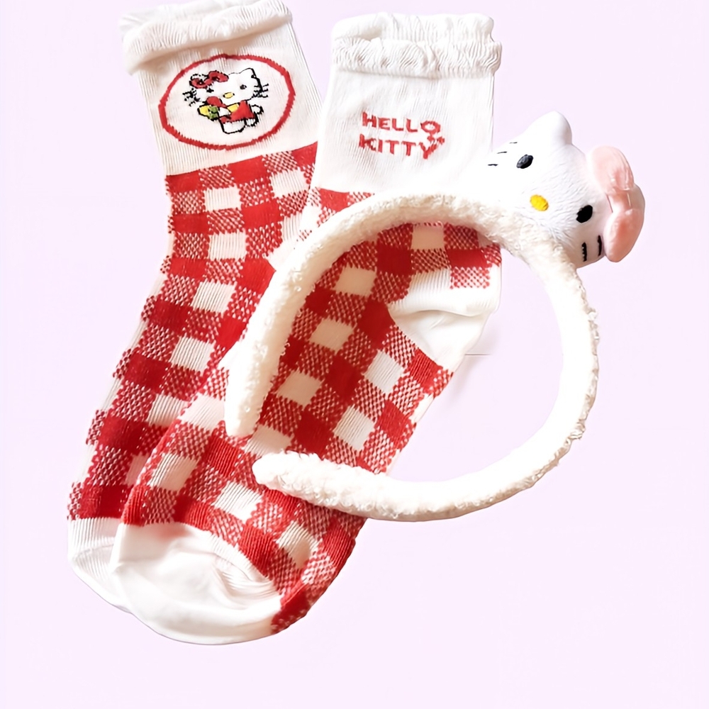 Hello Kitty Red and White Checkered Socks with Adorable Headband